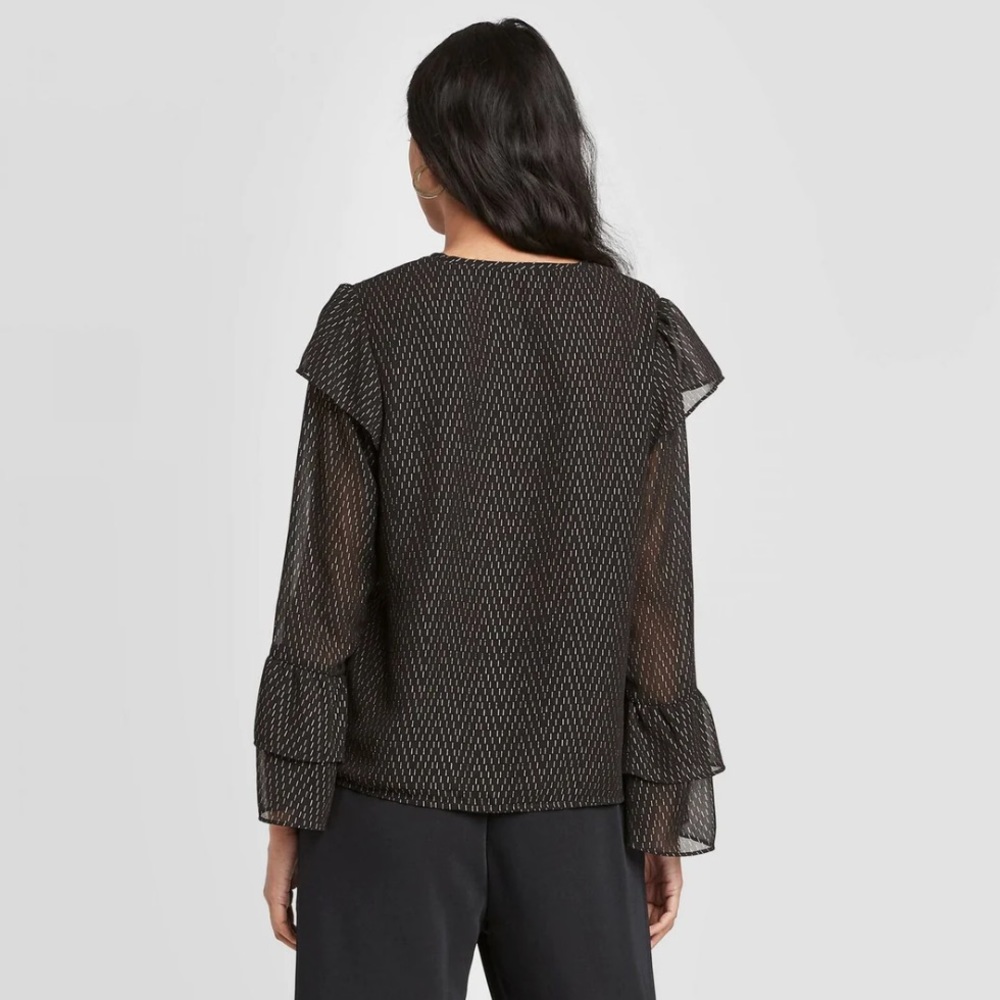 A New Day Black and Gold Ruffled Long V-Neck Sleeve Blouse - Picture 4 of 12